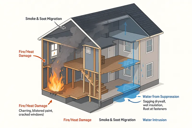 Illustration of Damage Caused by Fire, Smoke, Soot, and Water Used to Extinguish Fire